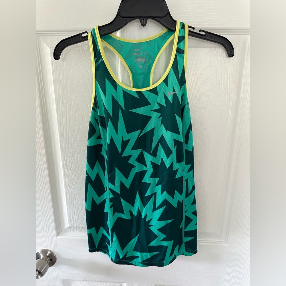 Nike Dri-Fit Running Tank Top Green Geometric Print Size Small